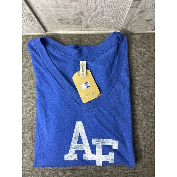 Ouray Womens Large V Neck Royal Blue Short Sleeve Air Force AF Fitted T Shirt - Picture 3 of 7